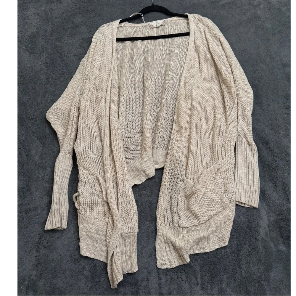 Pink Rose Cardigan Womens L Beige Excellent Lace Up Side Pointelle Open Front